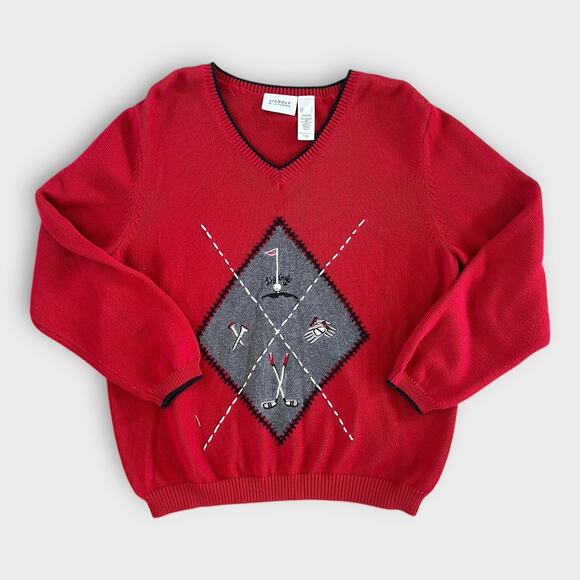 Claiborne Sweaters - Vintage Red Argyle Embroidered Golf Sweater LizGolf Women's Large Preppy Classic